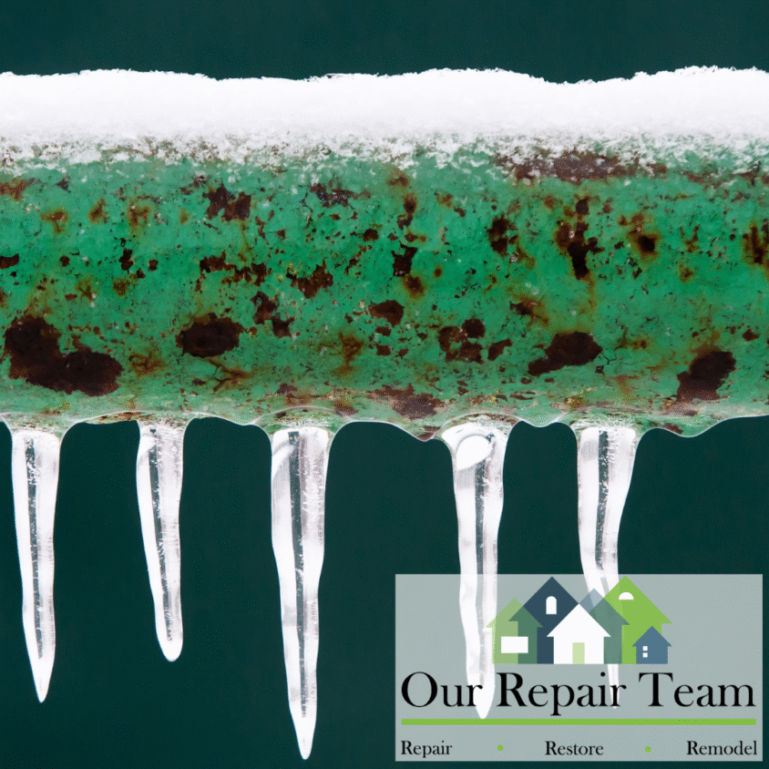 A rusty green pipe covered in tiny icicles, on a dark teal background. The Our Repair Team logo is on the bottom right.