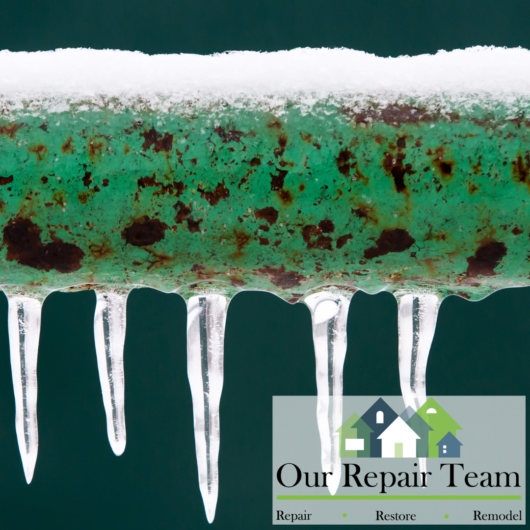 A rusty green pipe covered in tiny icicles, on a dark teal background. The Our Repair Team logo is on the bottom right.